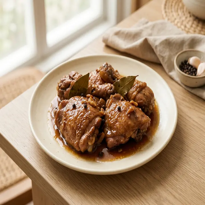 Bowl of chicken adobo with steamed rice, a classic budget-friendly Filipino ulam