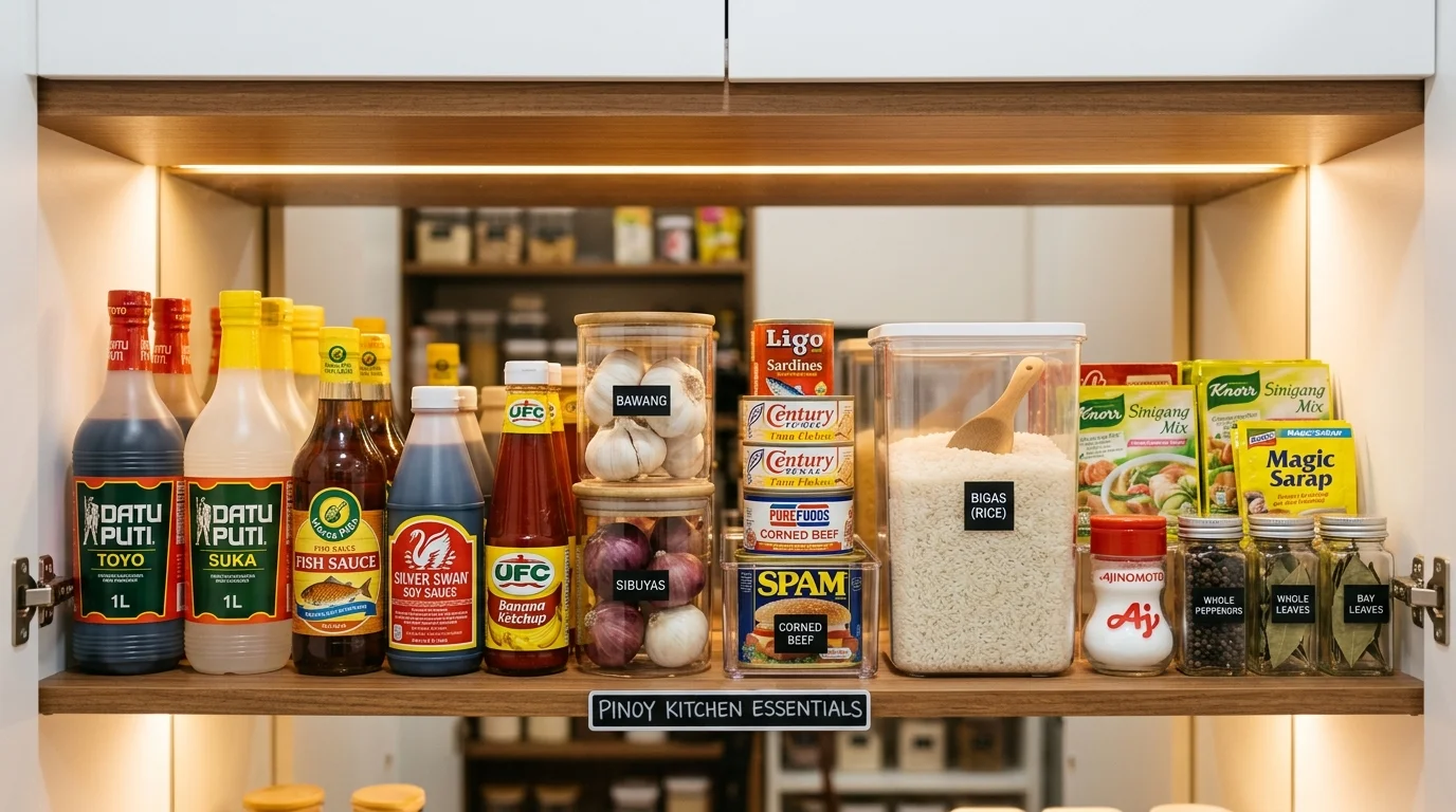 Filipino pantry with soy sauce, vinegar, fish sauce, garlic, onion, and ginger arranged on shelves