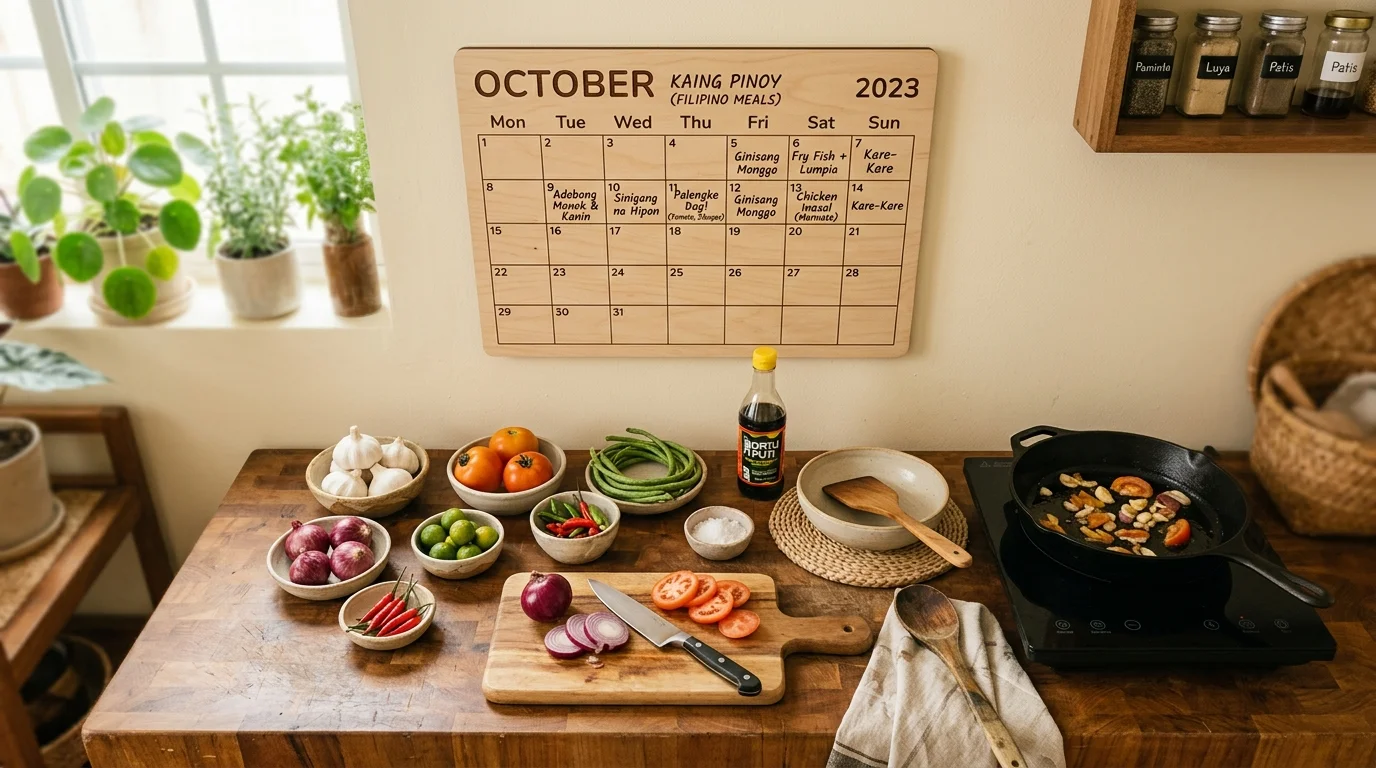 Weekly meal planning calendar on a kitchen wall with Filipino dish names