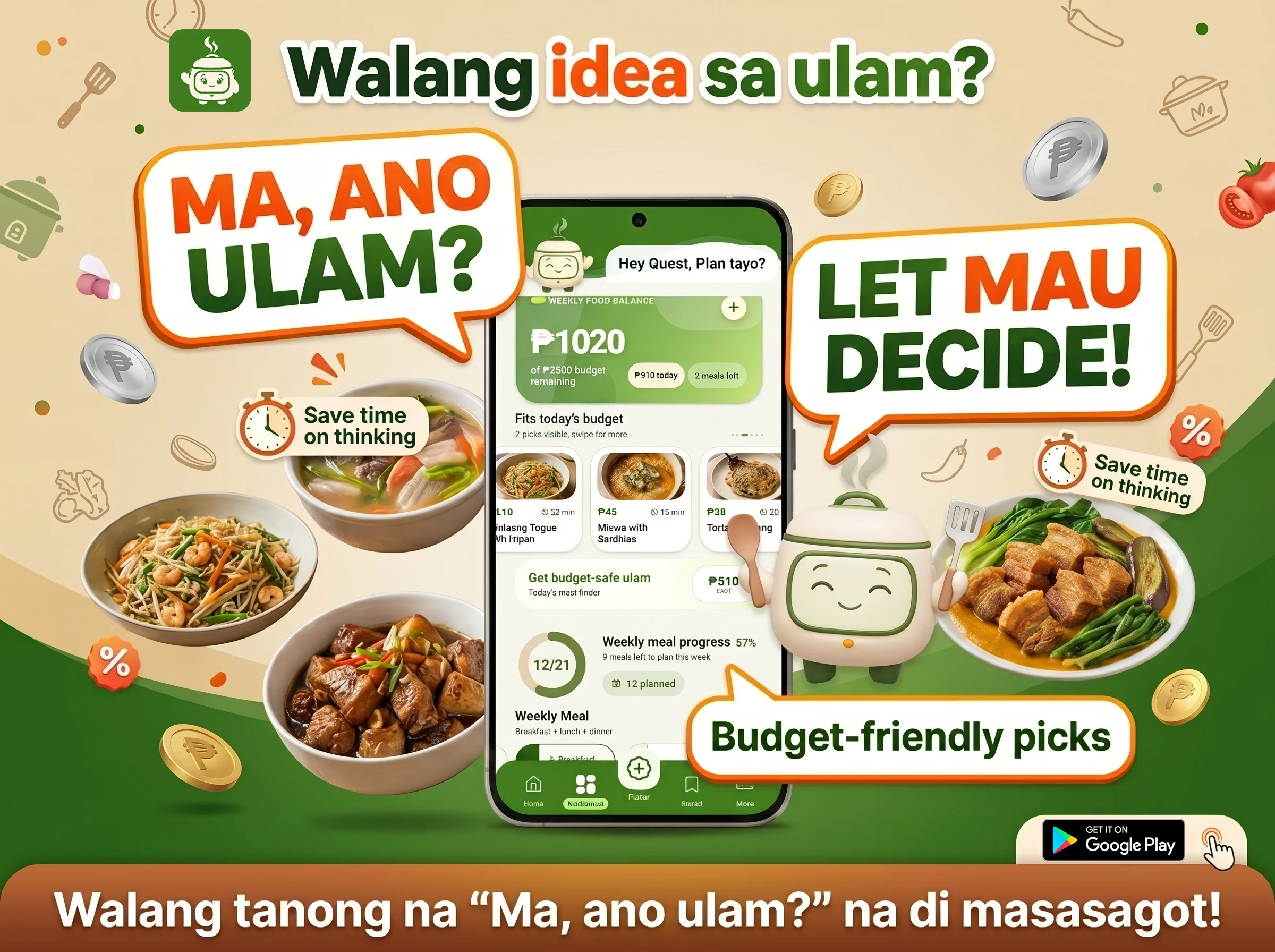 Ma, Ano Ulam? app interface showing meal planning dashboard with Filipino dishes