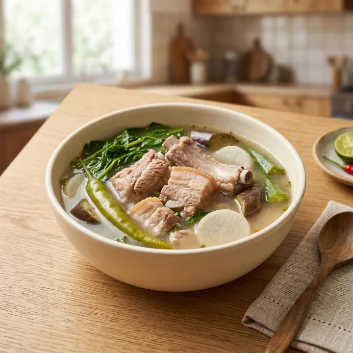 Bowl of pork sinigang with vegetables, a budget-friendly Filipino soup dish