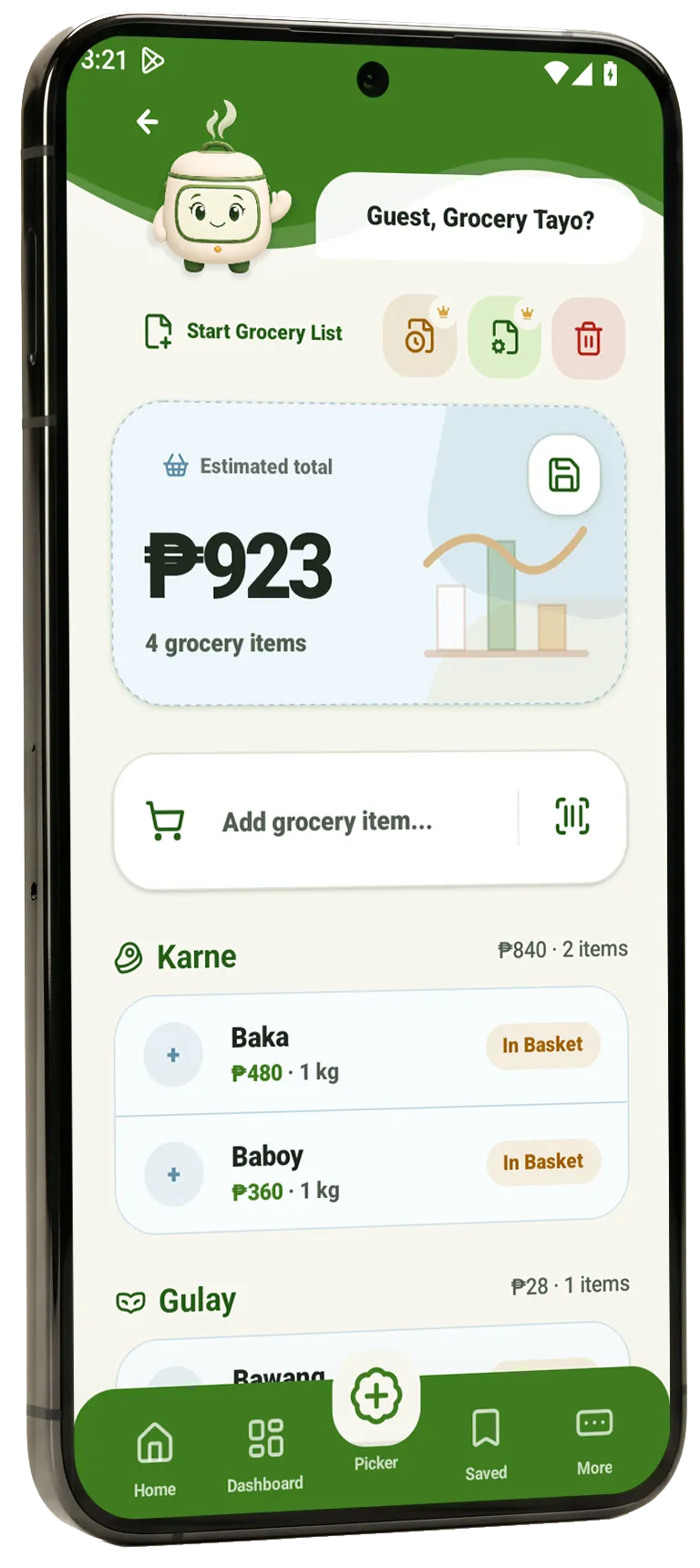 MAU app grocery list screen