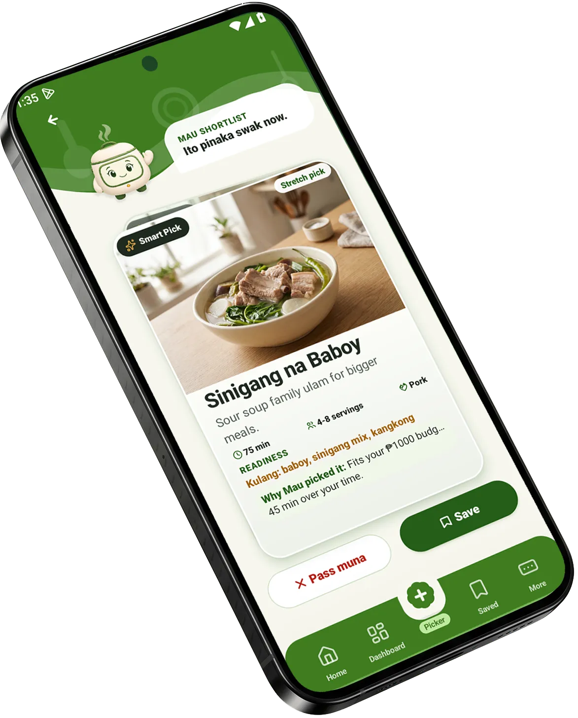 MAU app meal suggestion screen